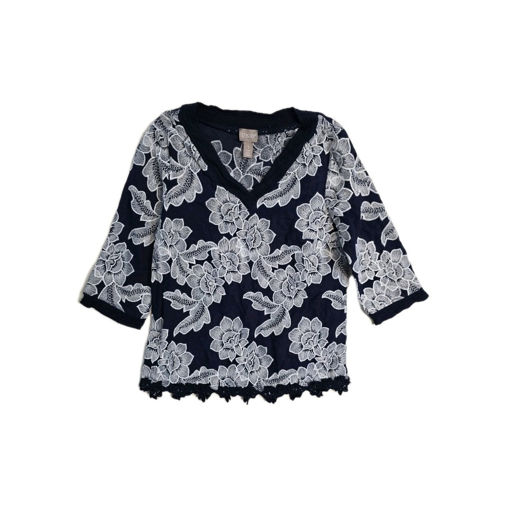 Chico's 1 Floral Story 3/4 Sleeve Tunic Blue White Flowers